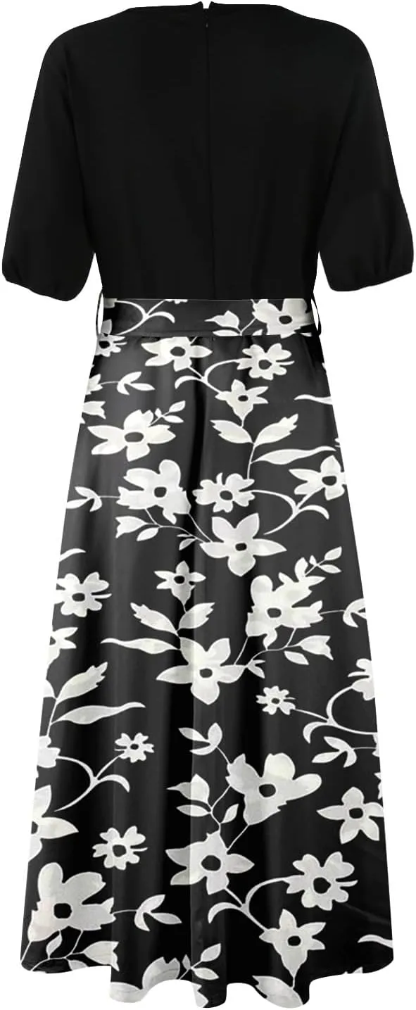 ZEFOTIM Long Dresses for Women Casual Sexy Floral Dress Short Sleeve V Neck Dresses with Slit