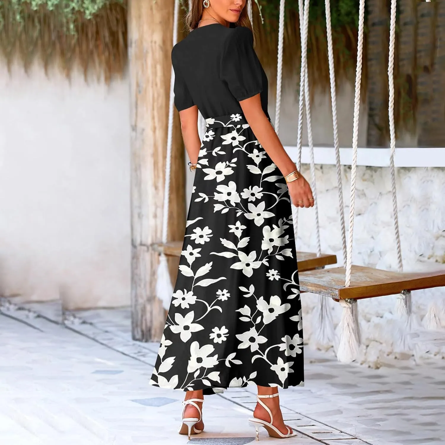 ZEFOTIM Long Dresses for Women Casual Sexy Floral Dress Short Sleeve V Neck Dresses with Slit