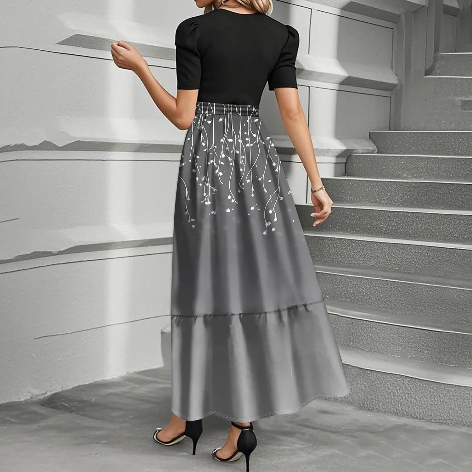 ZEFOTIM Long Flowy Dresses for Women Flowy Floral Dress Short Sleeve Crew Neck Dresses with Belt