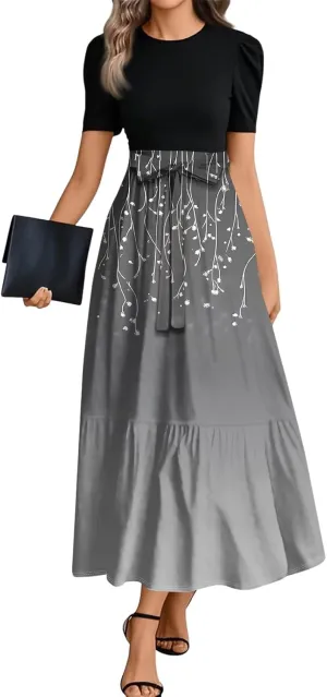 ZEFOTIM Long Flowy Dresses for Women Flowy Floral Dress Short Sleeve Crew Neck Dresses with Belt