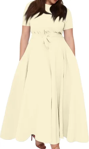 ZEFOTIM Long Maxi Dresses for Women Plus Size Vacation Solid Color Dress Short Sleeve Crew Neck Dresses