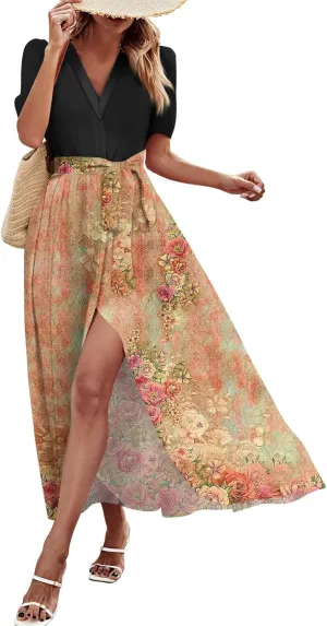 ZEFOTIM Maxi Dress for Women Flower Floral Dress Short Sleeve V Neck Dresses with Slit