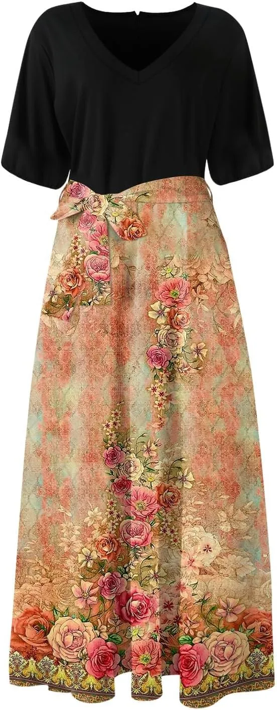 ZEFOTIM Maxi Dress for Women Flower Floral Dress Short Sleeve V Neck Dresses with Slit