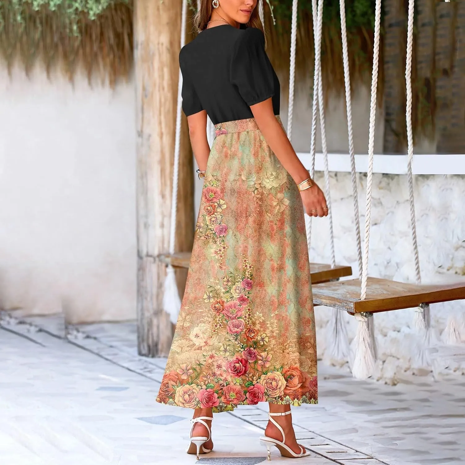 ZEFOTIM Maxi Dress for Women Flower Floral Dress Short Sleeve V Neck Dresses with Slit