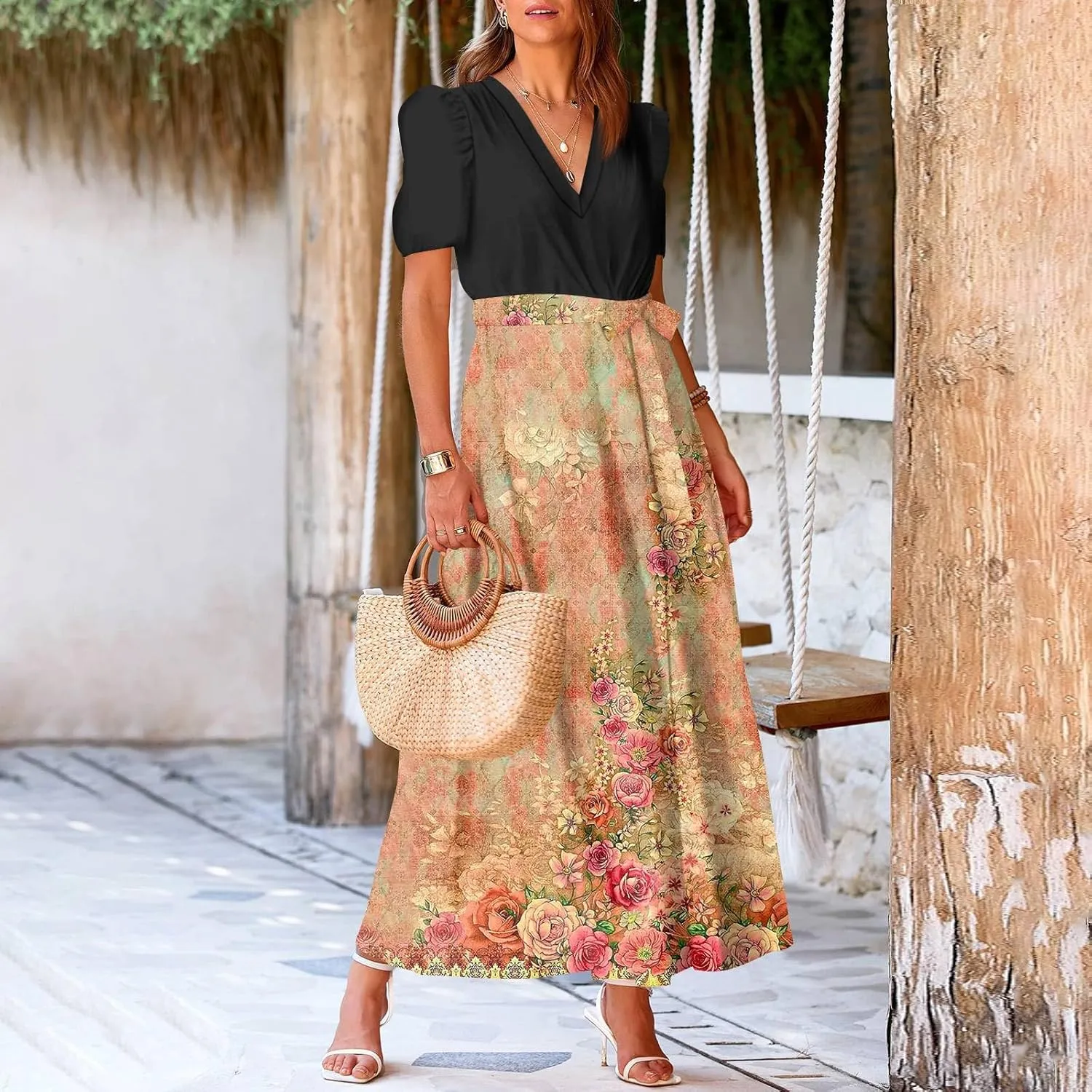ZEFOTIM Maxi Dress for Women Flower Floral Dress Short Sleeve V Neck Dresses with Slit
