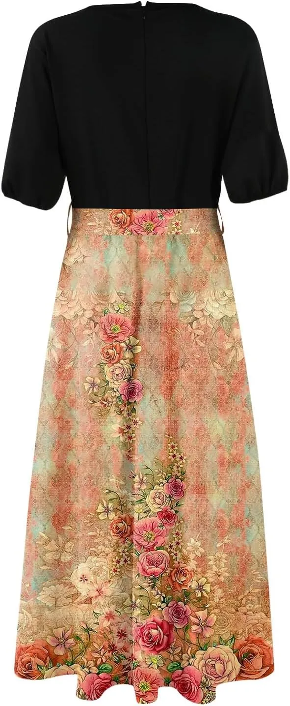 ZEFOTIM Maxi Dress for Women Flower Floral Dress Short Sleeve V Neck Dresses with Slit
