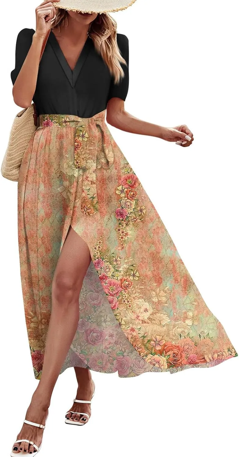 ZEFOTIM Maxi Dress for Women Flower Floral Dress Short Sleeve V Neck Dresses with Slit