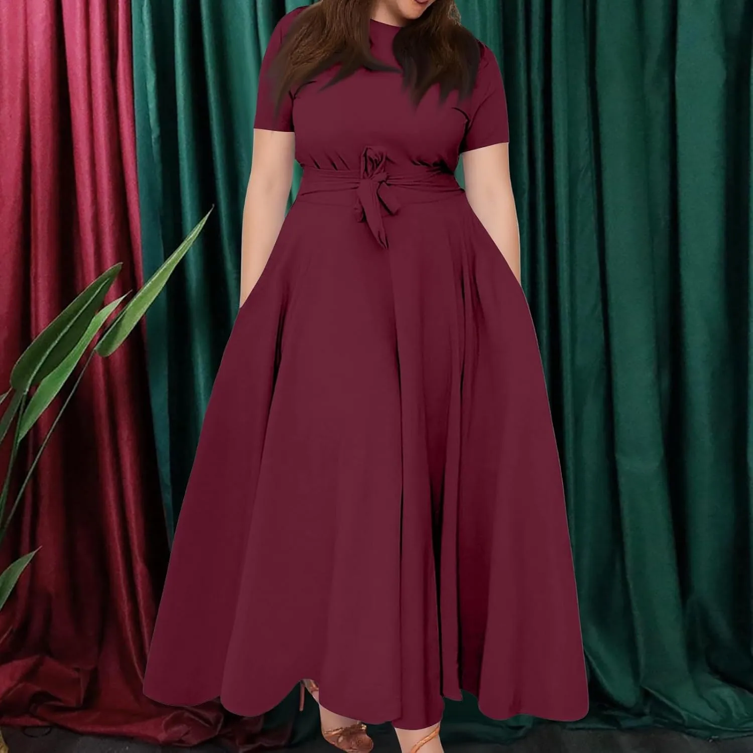 ZEFOTIM Maxi Dress for Women Plus Size Elegant Floral Dress Short Sleeve Crew Neck Dresses