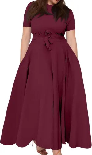 ZEFOTIM Maxi Dress for Women Plus Size Elegant Floral Dress Short Sleeve Crew Neck Dresses