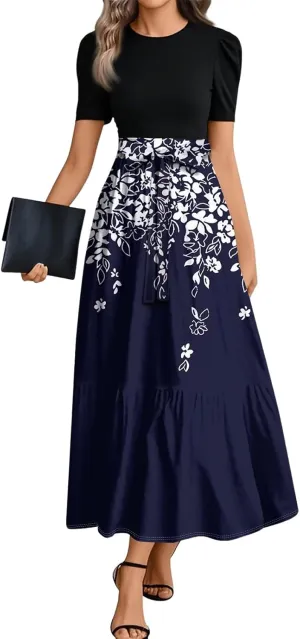 ZEFOTIM Maxi Dresses for Women 2025 Flower Floral/Stripe Dress Short Sleeve Crew Neck Dresses with Belt
