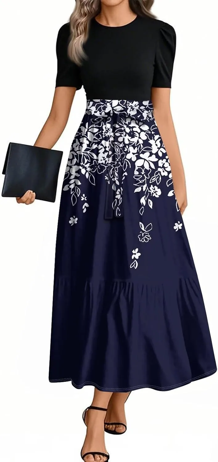 ZEFOTIM Maxi Dresses for Women 2025 Flower Floral/Stripe Dress Short Sleeve Crew Neck Dresses with Belt