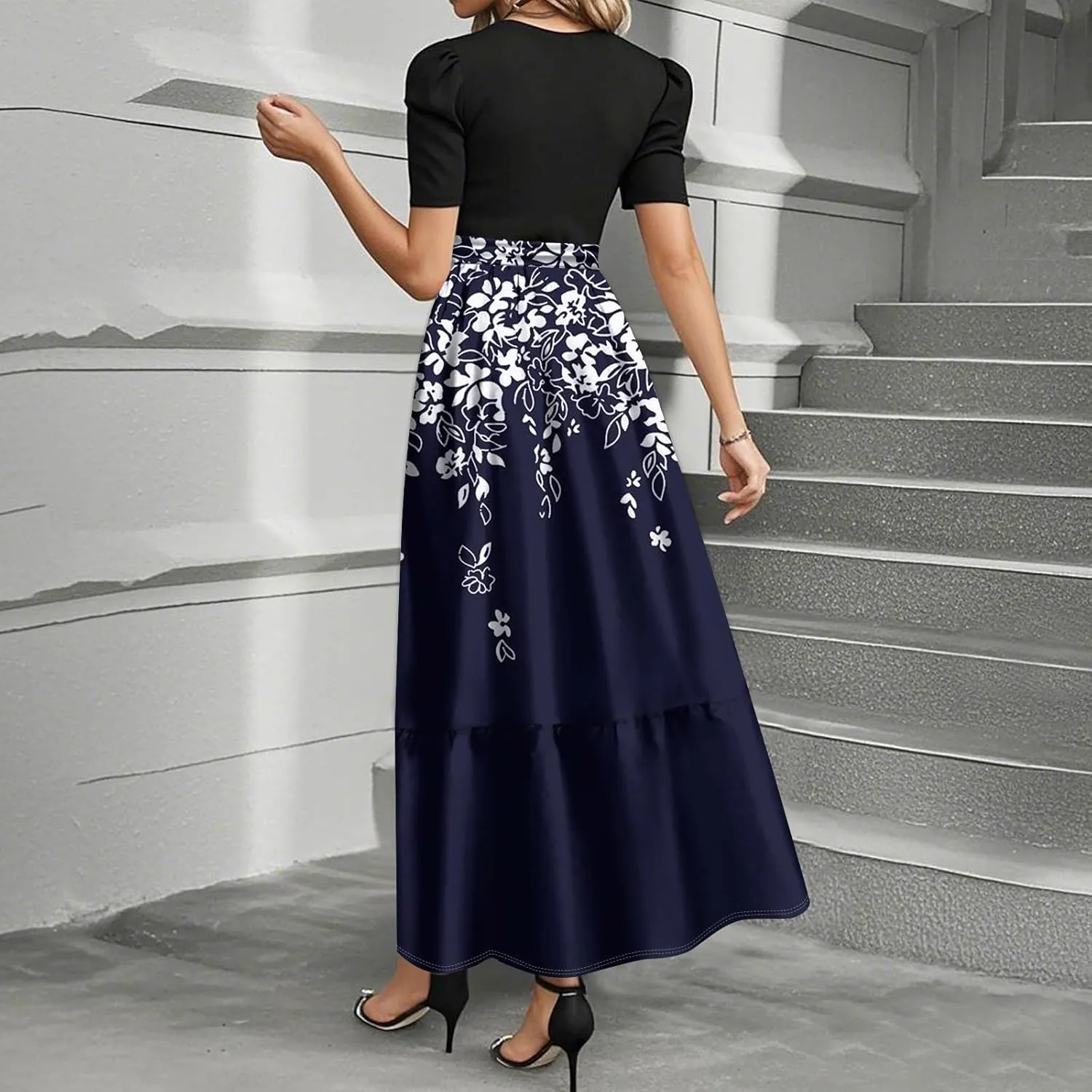 ZEFOTIM Maxi Dresses for Women 2025 Flower Floral/Stripe Dress Short Sleeve Crew Neck Dresses with Belt