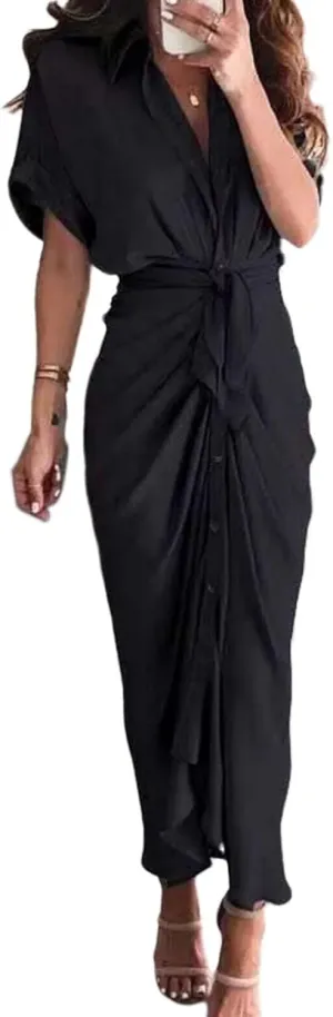 ZWRXW Dresses for Women Button Down Ruched Shirt Dresses Short Sleeve Lapel V Neck Maxi Dress Elegant Work Dress with Belt