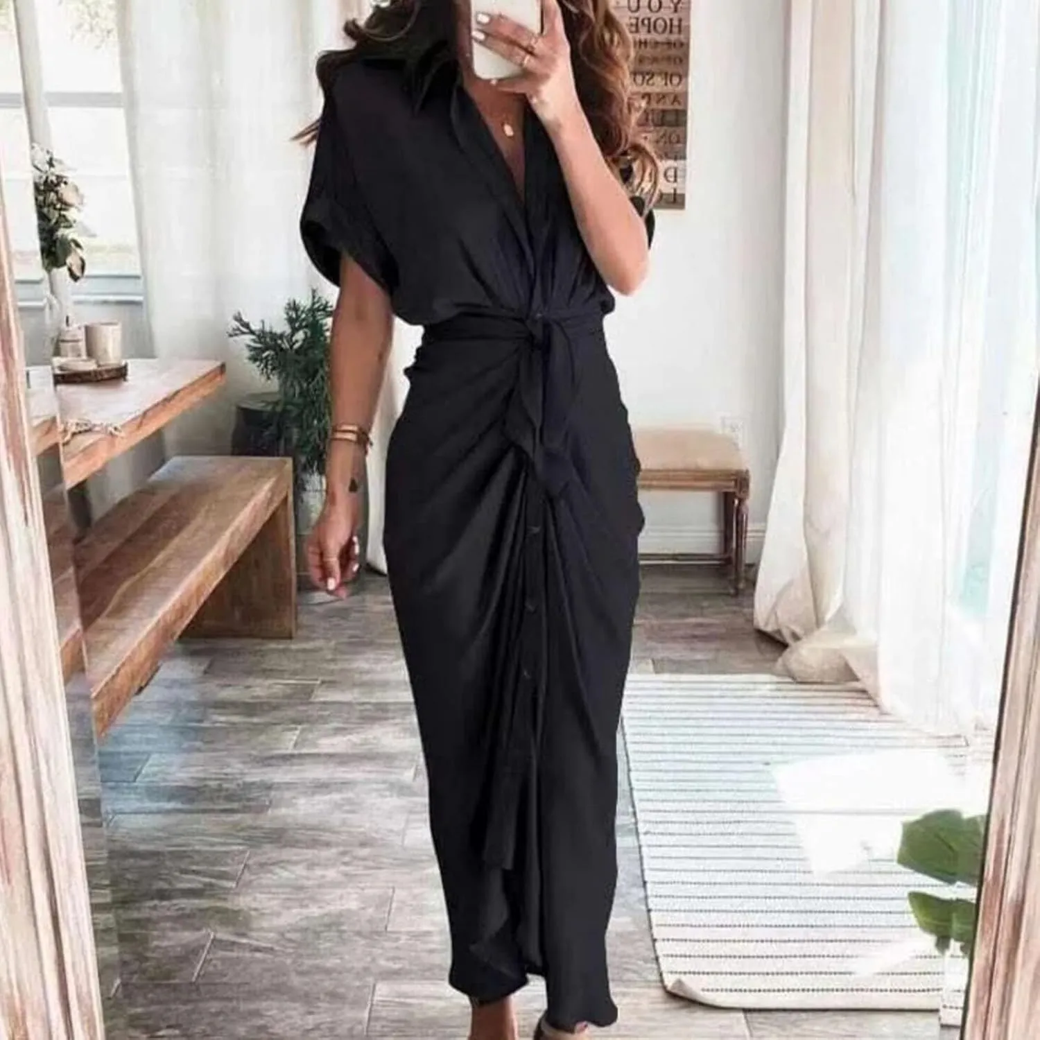 ZWRXW Dresses for Women Button Down Ruched Shirt Dresses Short Sleeve Lapel V Neck Maxi Dress Elegant Work Dress with Belt